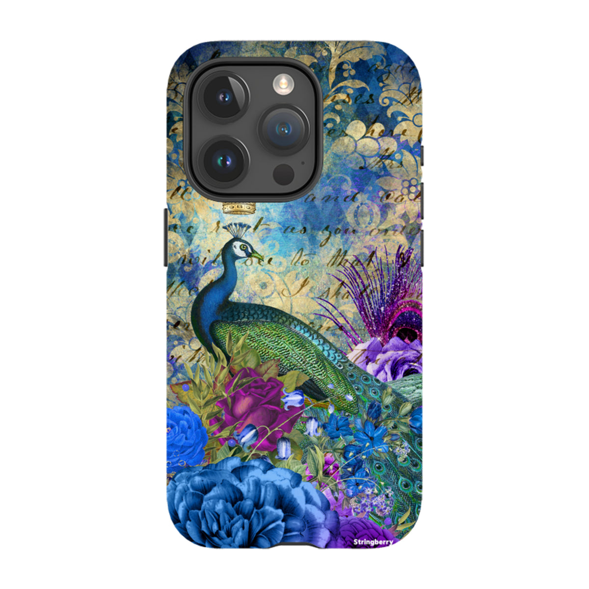 Dual-layer iPhone tough case featuring a peacock and blue floral art print with vintage script on a textured background.