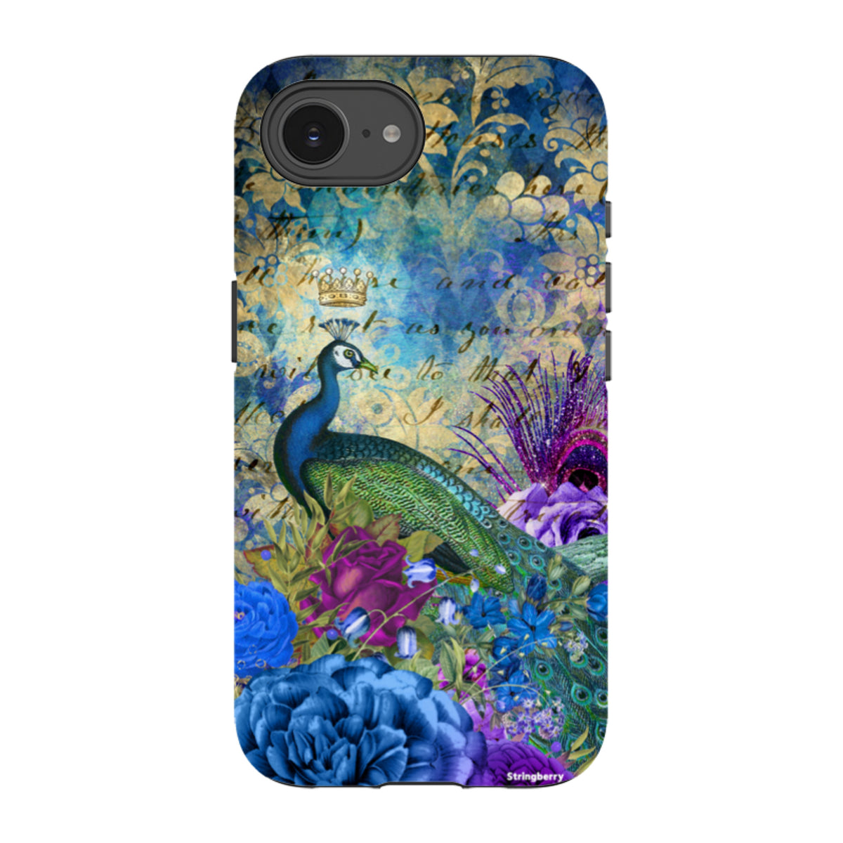 iPhone Tough Case featuring a peacock with a crown, blue floral patterns, and vintage script on a dual-layer protective shell.