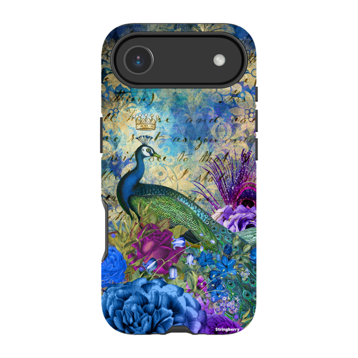 iPhone tough case featuring a peacock with a crown, blue floral patterns, and vintage script on a dual-layer protective shell.