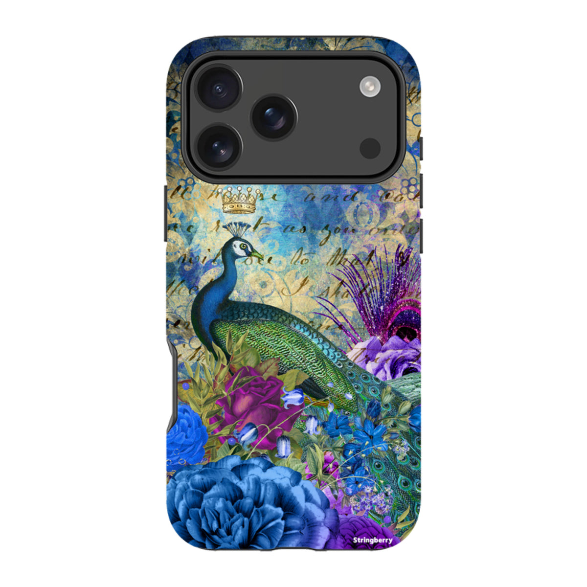 iPhone tough case featuring a peacock, crown, and blue floral artwork on a dual-layer protective shell.