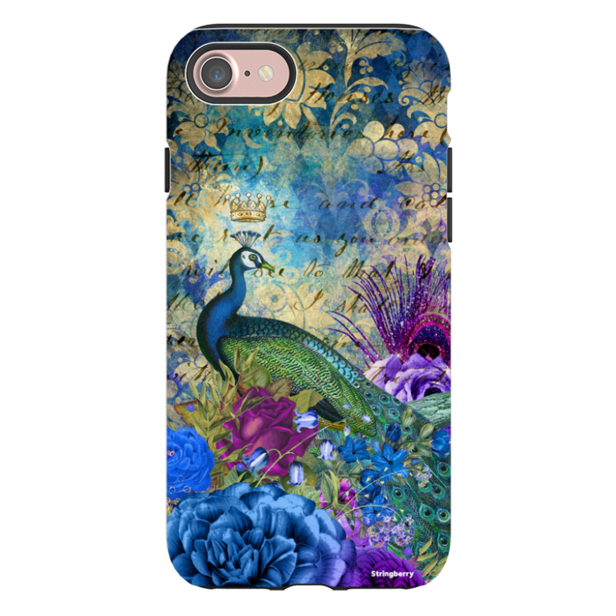 iPhone Tough Case featuring a peacock, crown, and floral art in vibrant blue and purple tones with a dual-layer design.