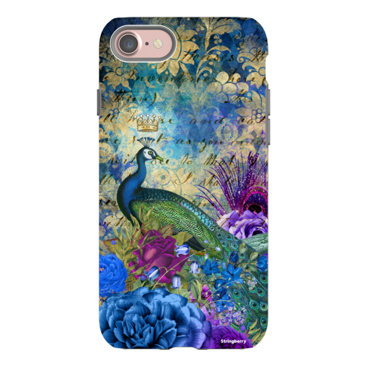 iPhone Tough Case featuring a peacock, crown, and blue floral artwork on a vintage-style background with dual-layer design.