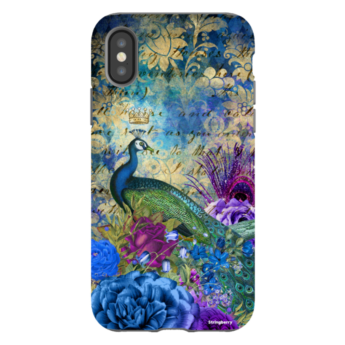 iPhone tough case featuring a peacock, crown, and blue floral artwork on a vintage script background.