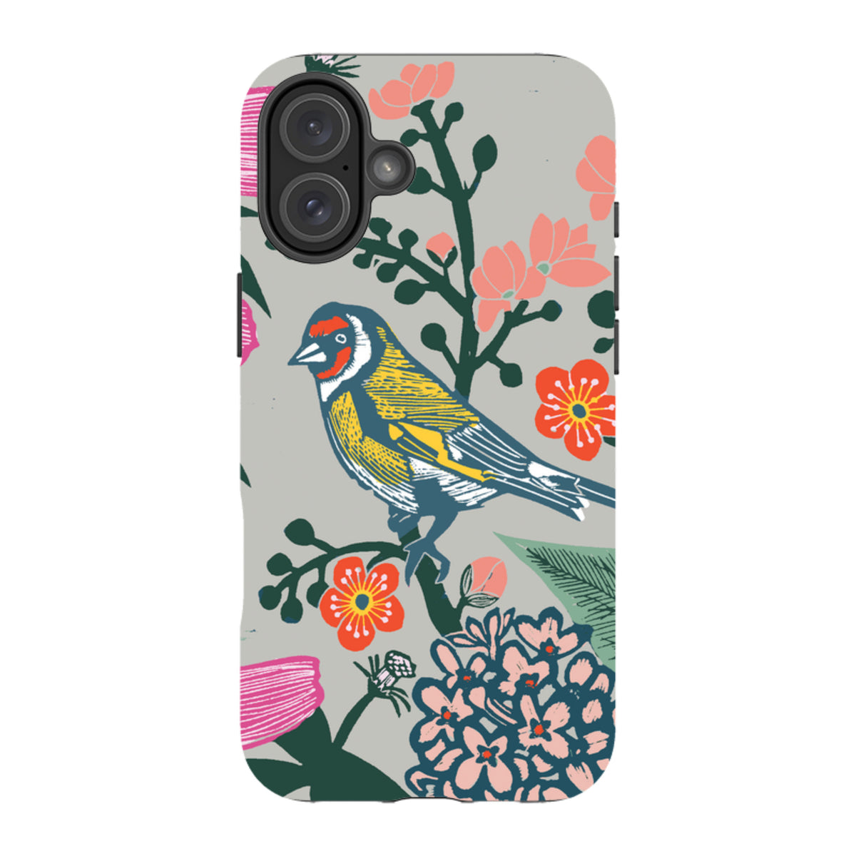 iPhone tough case featuring Kate Heiss garden artwork with a colorful bird and floral pattern on a light gray background.