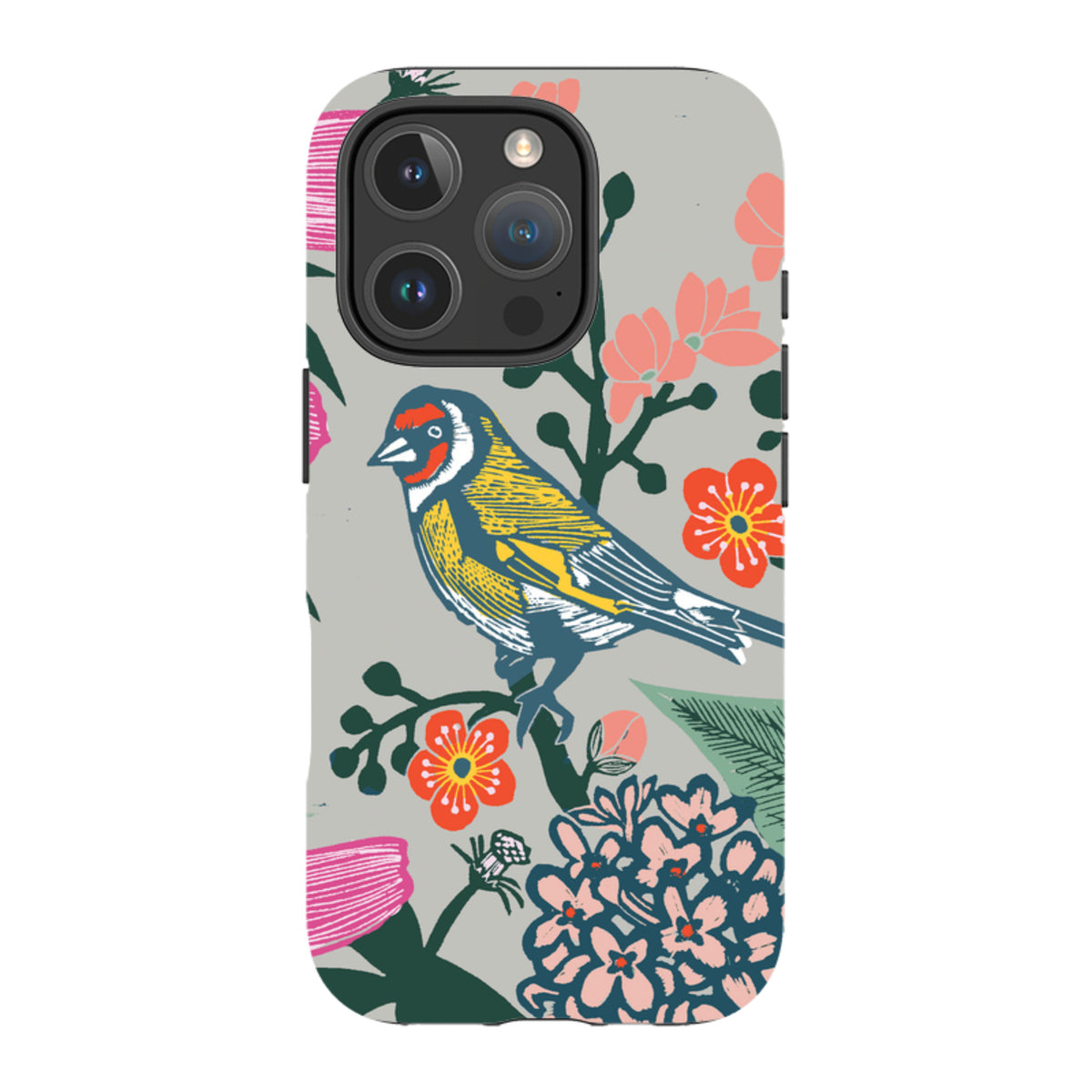 iPhone tough case featuring Kate Heiss floral garden art with a colorful bird on a light grey background.
