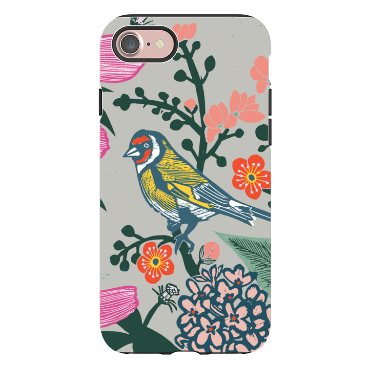 iPhone tough case featuring Kate Heiss floral garden art with a colorful bird on a grey background and dual-layer design.
