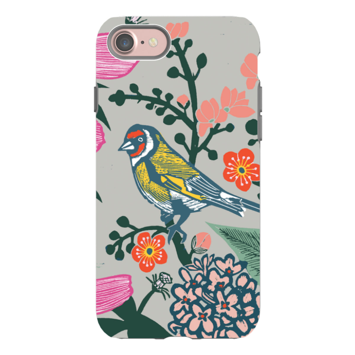 Dual-layer iPhone tough case featuring Kate Heiss's In The Garden bird and floral print on a light gray background.
