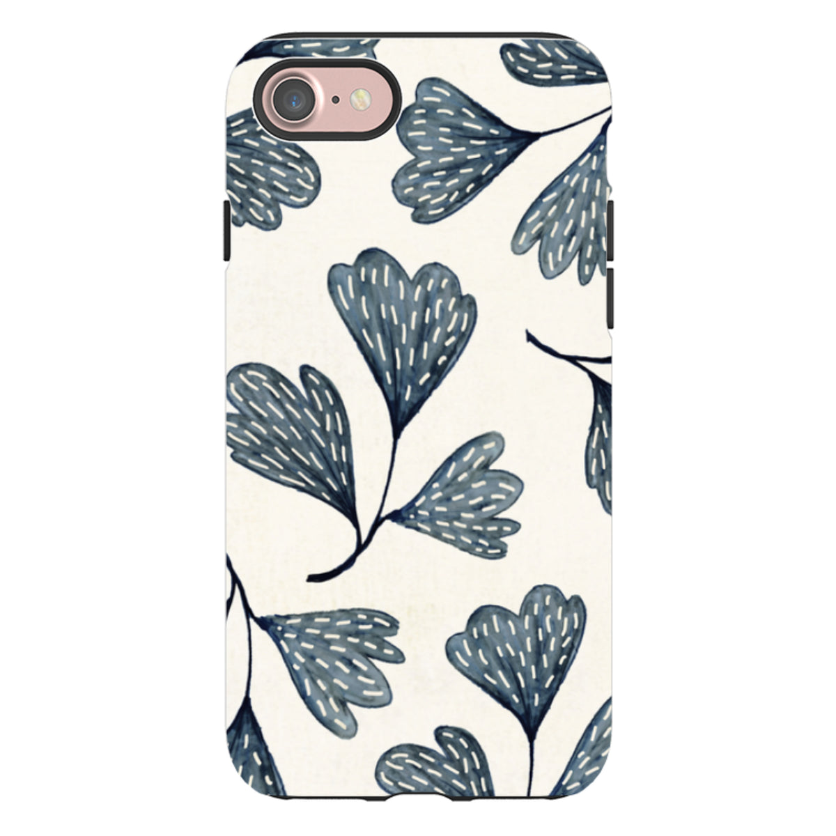 iPhone tough case with an indigo blue leaf pattern on a cream background and dual-layer protective construction.