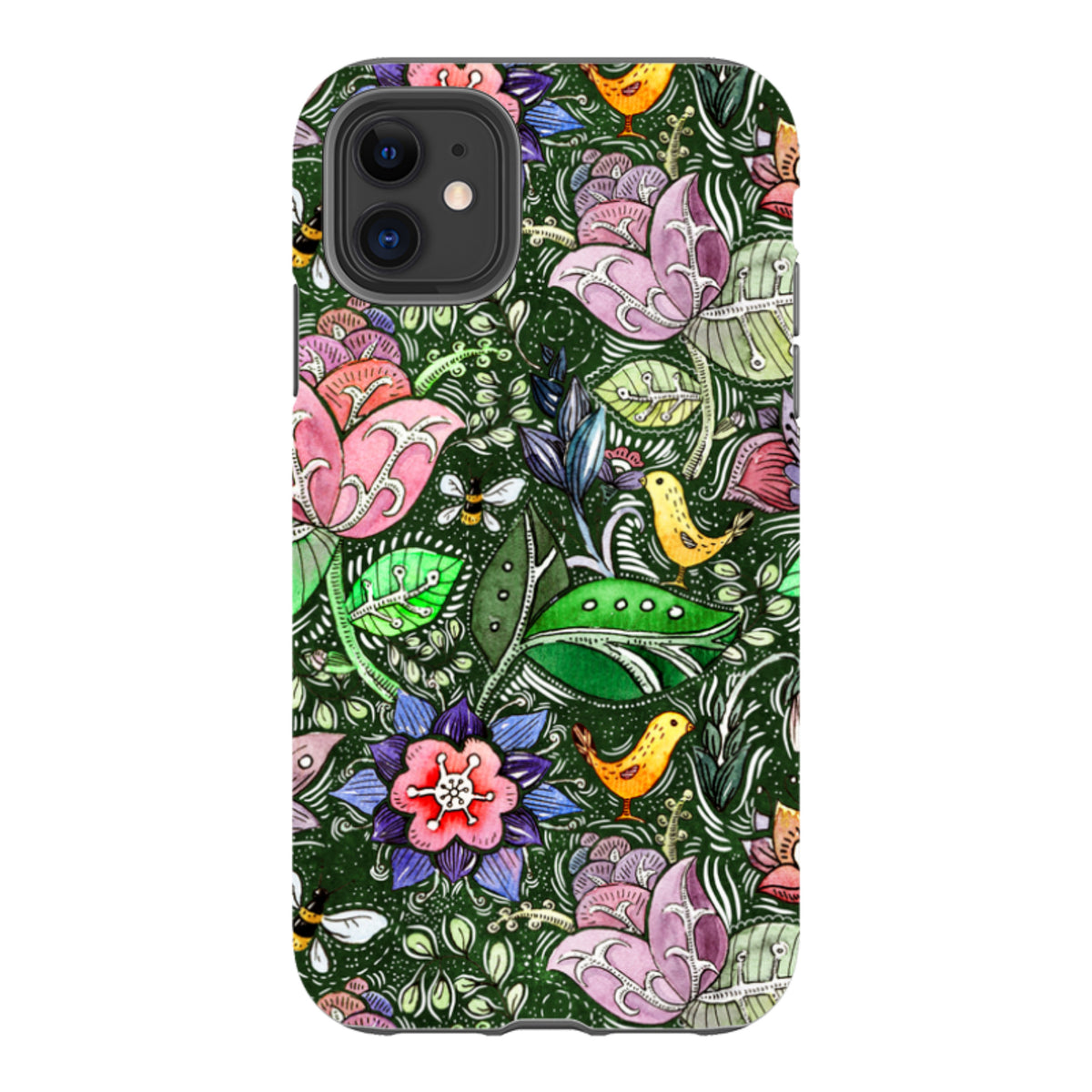 iPhone tough case with a dark green floral pattern featuring colorful birds, bees, and detailed botanical illustrations.