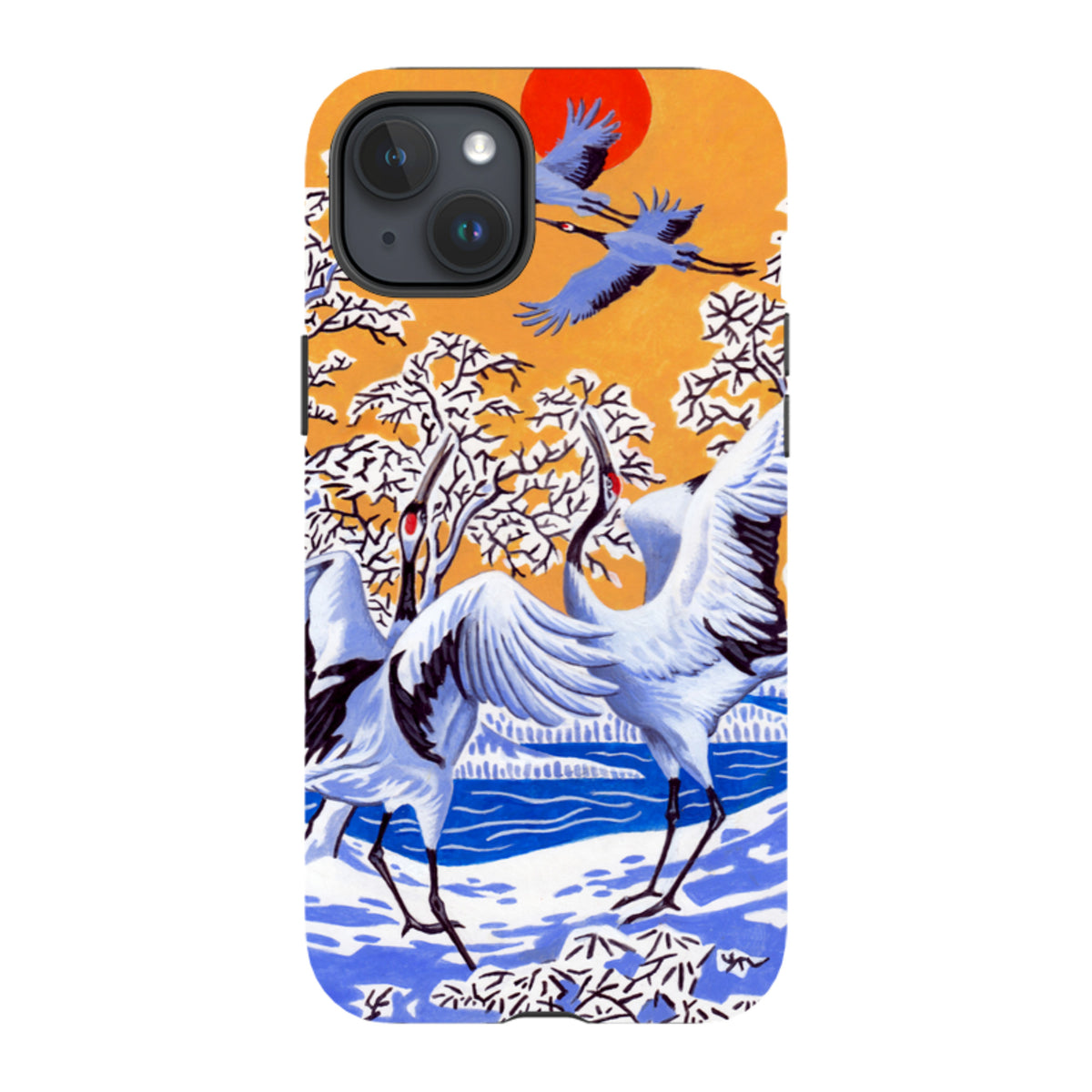 iPhone tough case featuring Philip Hood's Japanese cranes artwork with a vibrant orange sun and snowy landscape.