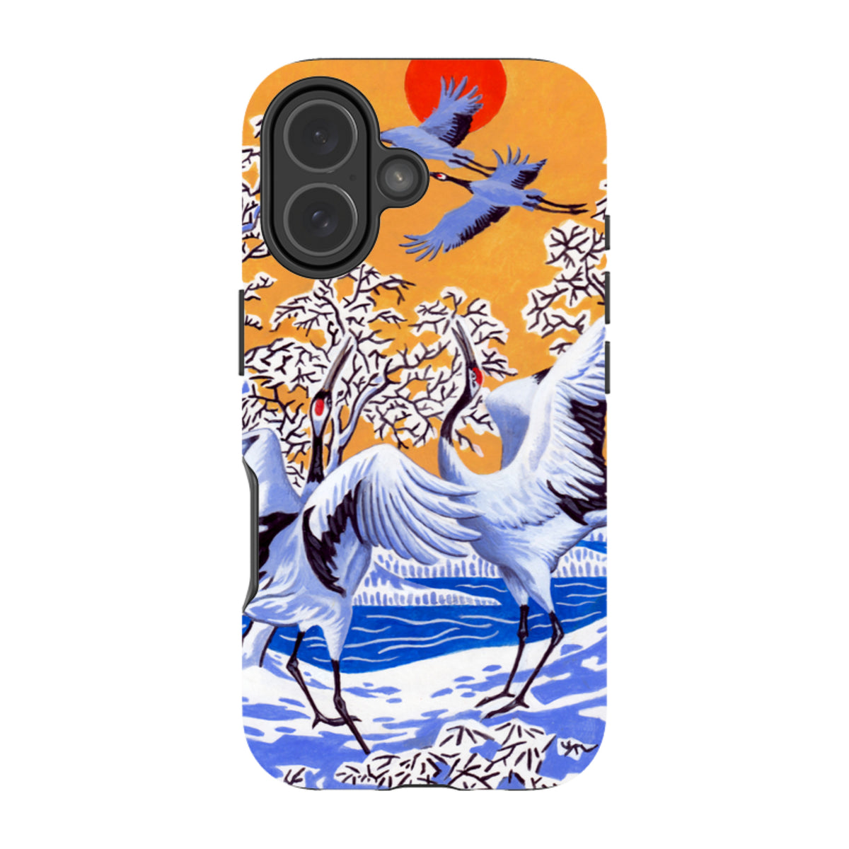 iPhone tough case featuring Japanese cranes in a snowy landscape with a vibrant orange sun and dual-layer protection.