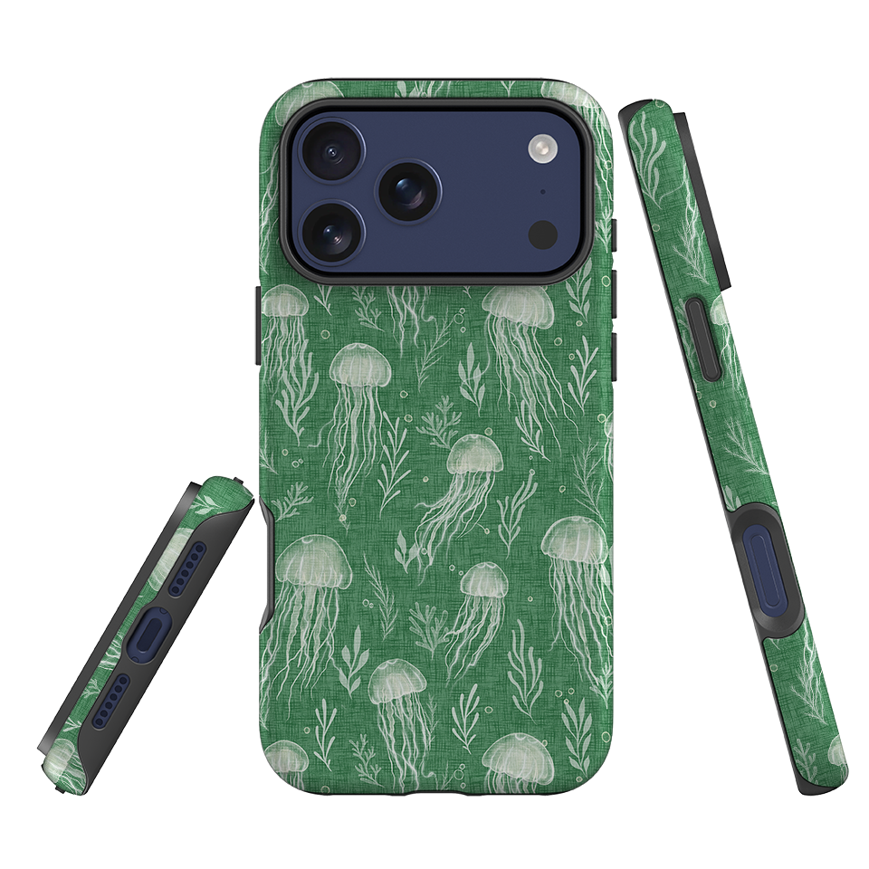 iPhone Tough Case - Jellyfish and seaweed white on green By Katherine Quinn