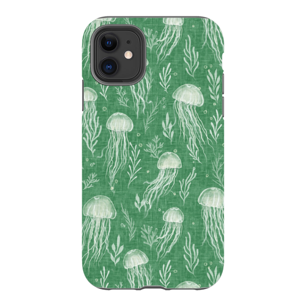 iPhone Tough Case - Jellyfish and seaweed white on green By Katherine Quinn