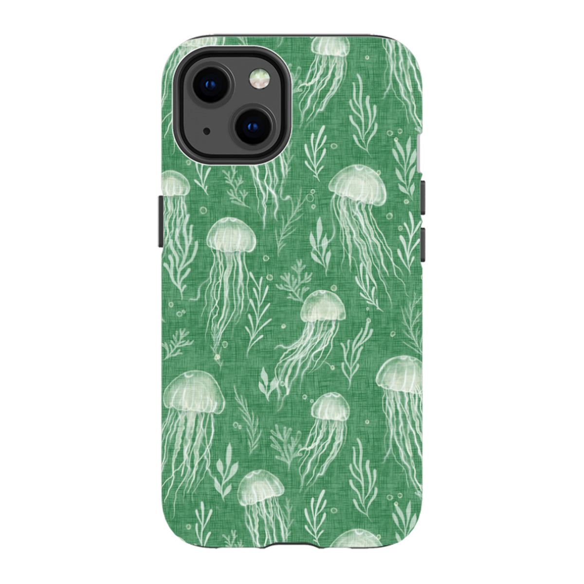iPhone Tough Case - Jellyfish and seaweed white on green By Katherine Quinn