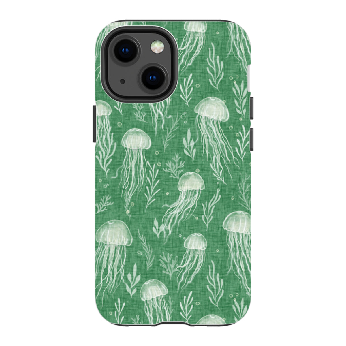 iPhone Tough Case - Jellyfish and seaweed white on green By Katherine Quinn