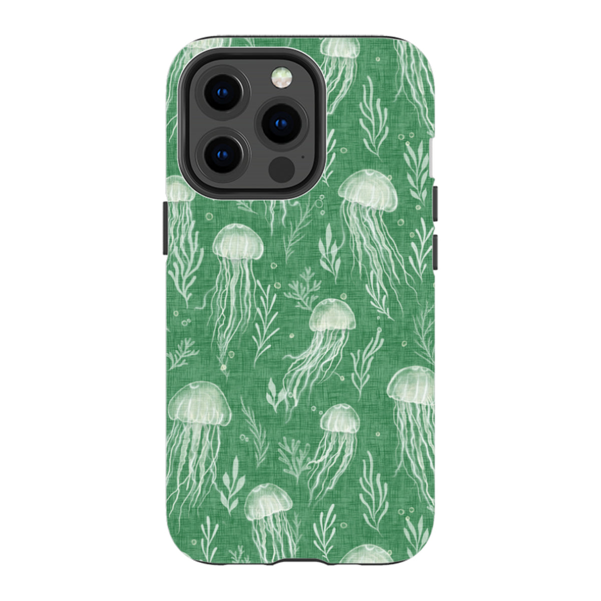 iPhone Tough Case - Jellyfish and seaweed white on green By Katherine Quinn