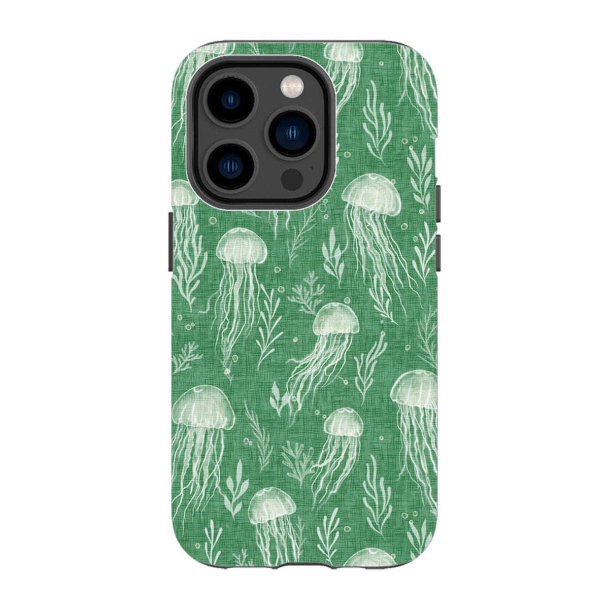 iPhone Tough Case - Jellyfish and seaweed white on green By Katherine Quinn