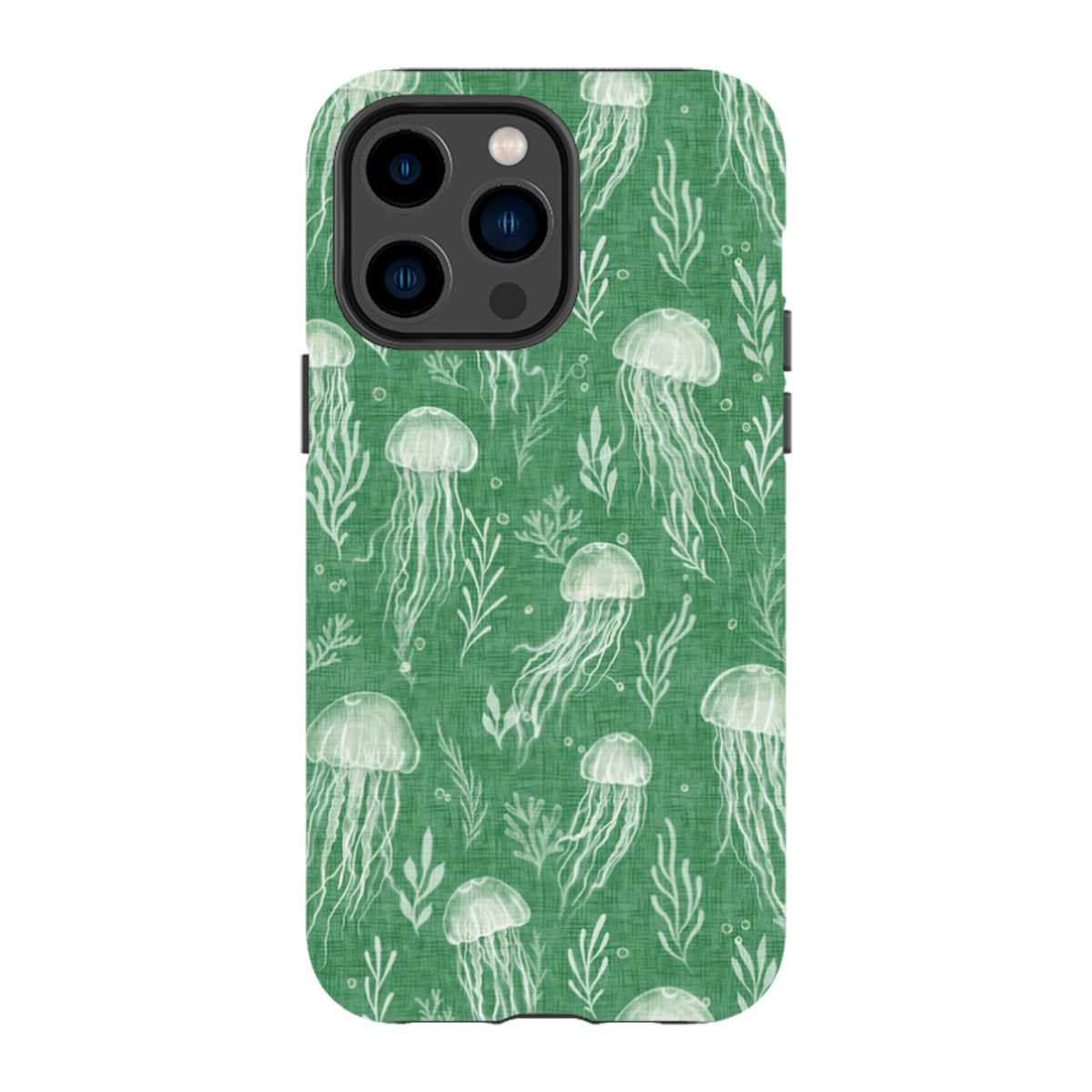 iPhone Tough Case - Jellyfish and seaweed white on green By Katherine Quinn
