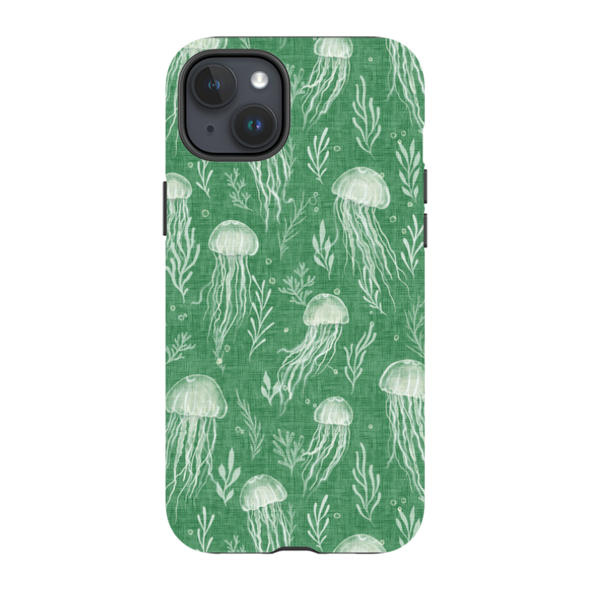 iPhone Tough Case - Jellyfish and seaweed white on green By Katherine Quinn