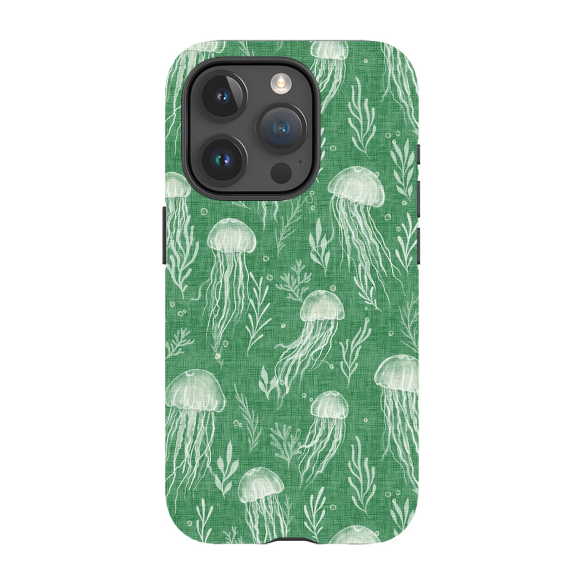iPhone Tough Case - Jellyfish and seaweed white on green By Katherine Quinn