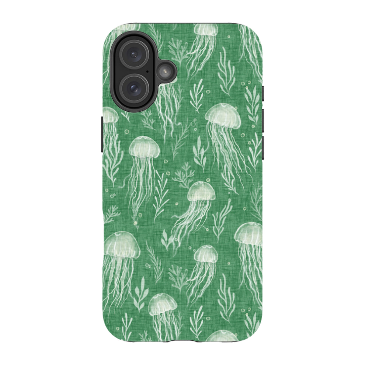 iPhone Tough Case - Jellyfish and seaweed white on green By Katherine Quinn