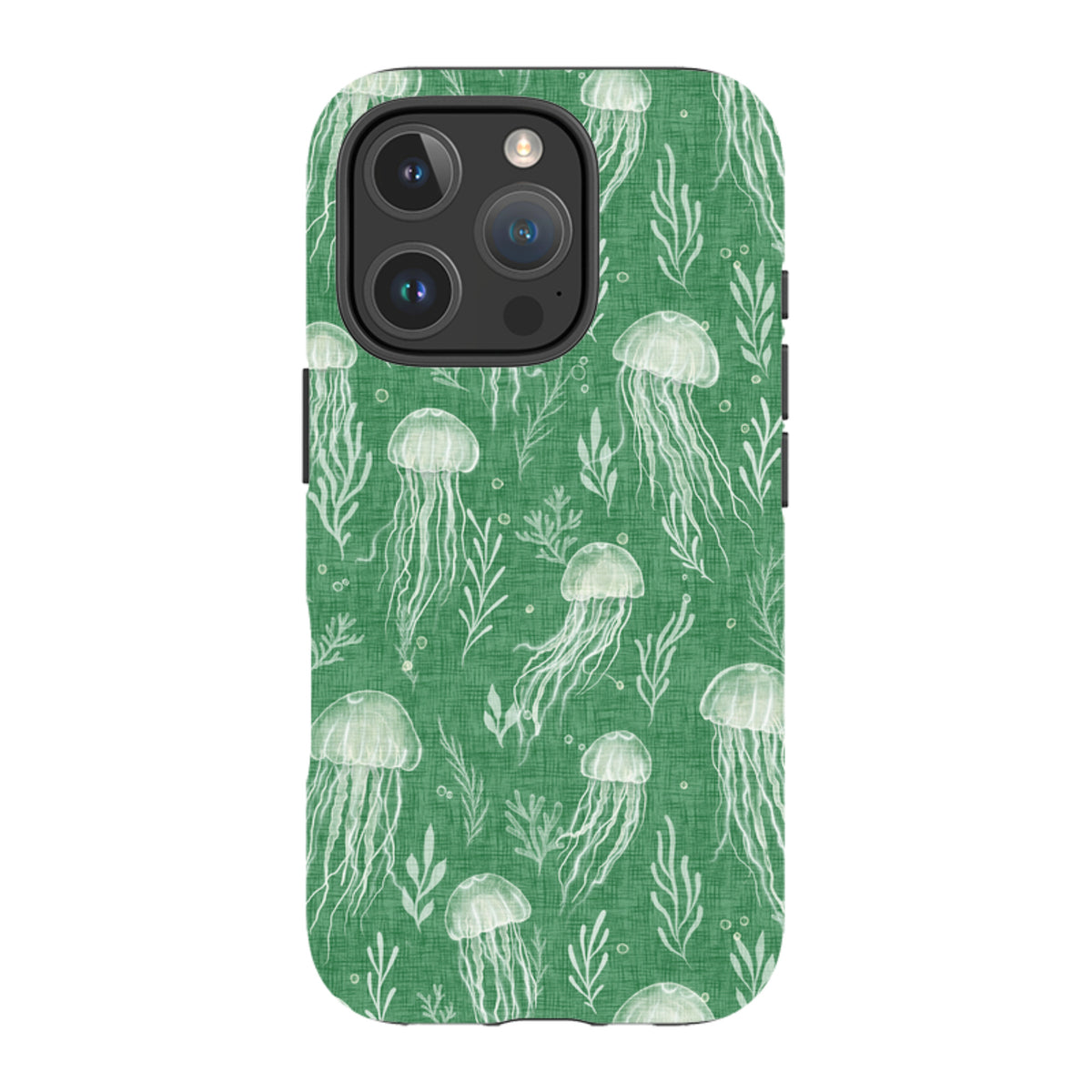 iPhone Tough Case - Jellyfish and seaweed white on green By Katherine Quinn