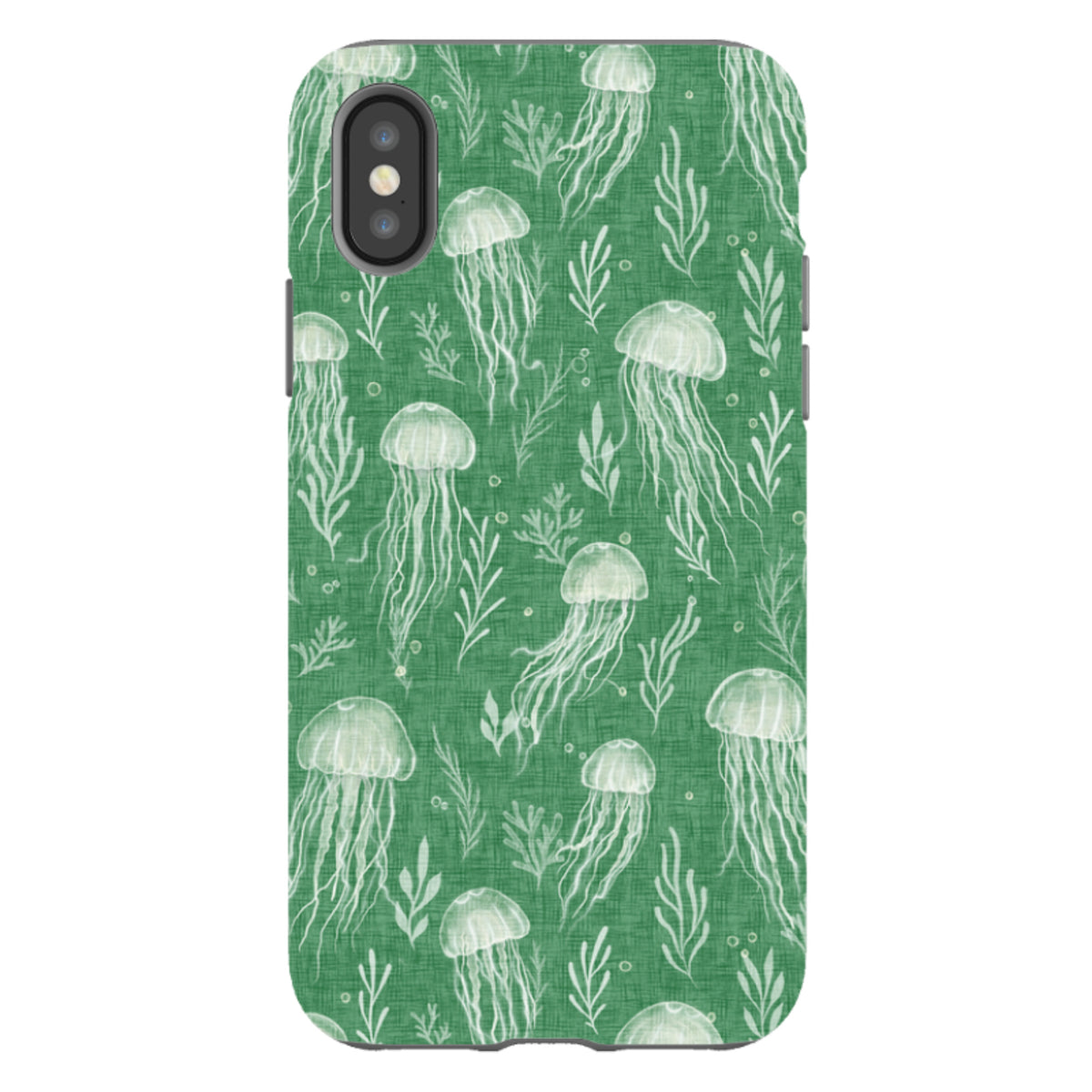 iPhone Tough Case - Jellyfish and seaweed white on green By Katherine Quinn