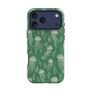 iPhone Tough Case - Jellyfish and seaweed white on green By Katherine Quinn