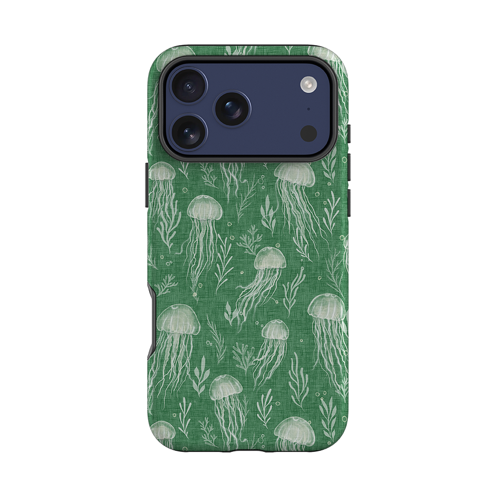 iPhone Tough Case - Jellyfish and seaweed white on green By Katherine Quinn
