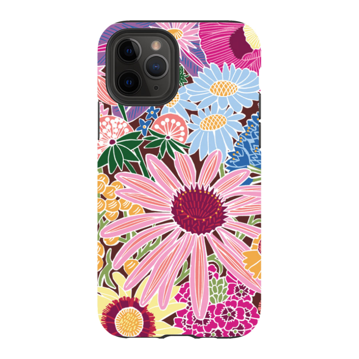 iPhone tough case featuring Kate Heiss's Jigsaw Floral 1 design with vibrant, multicolored flowers on a dark background.