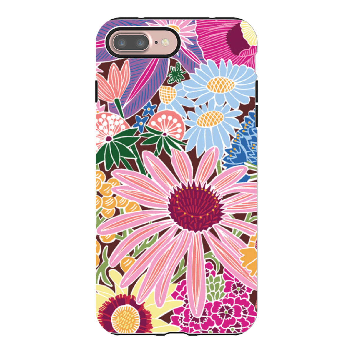 iPhone tough case featuring Kate Heiss Jigsaw Floral art with vibrant pink, blue, and yellow flowers on a dark background.