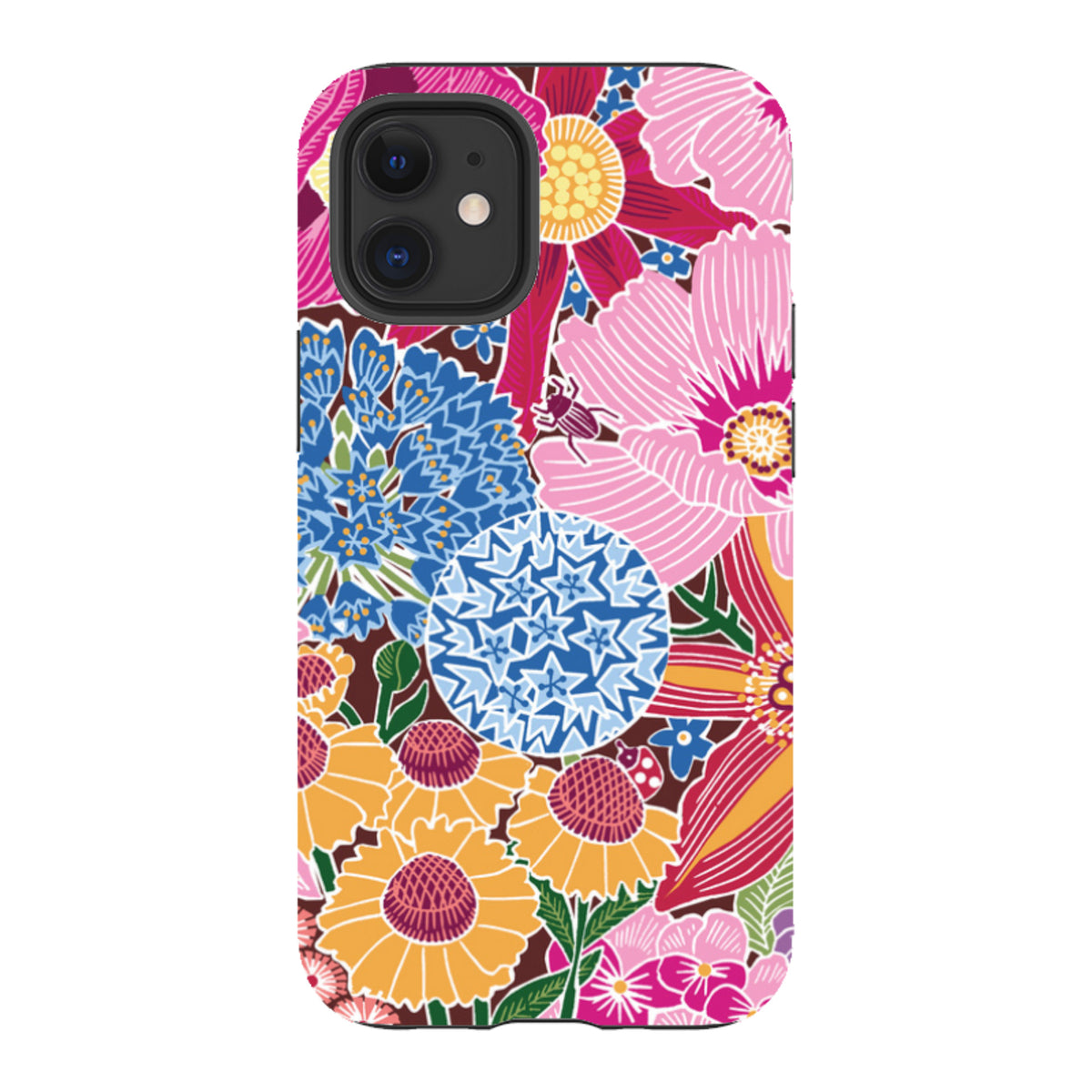 iPhone tough case featuring Kate Heiss Jigsaw Floral 2 art with vibrant, multi-colored flowers and a dual-layer design.