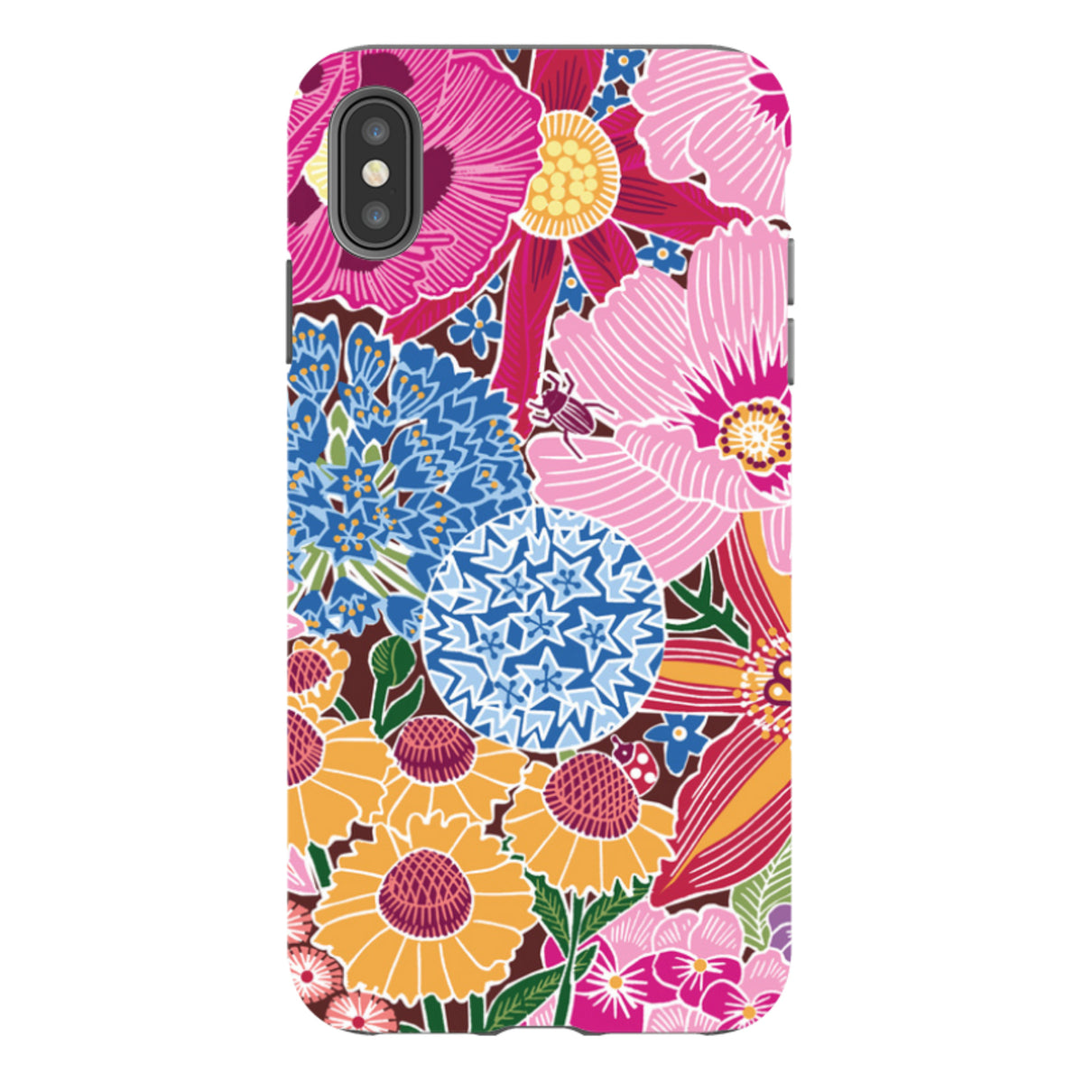 iPhone tough case featuring a vibrant Jigsaw Floral pattern by Kate Heiss with colorful layered flowers on a dark background.