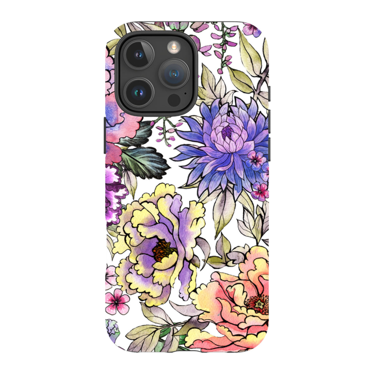 iPhone tough case featuring a vibrant watercolor floral pattern with purple, yellow, and pink flowers on white.