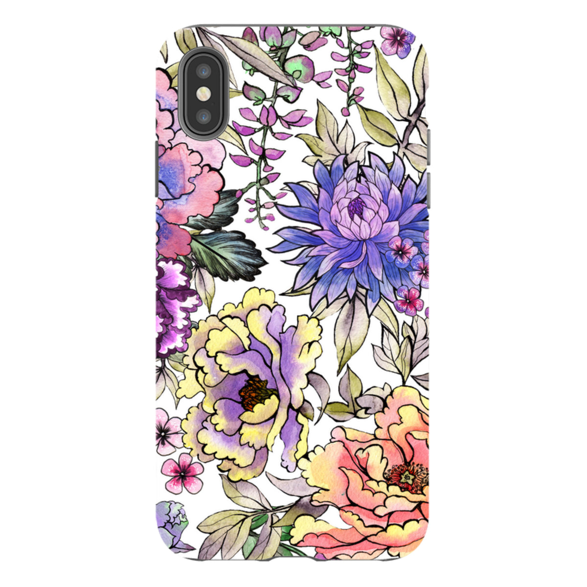 iPhone Tough Case featuring a vibrant, high-definition watercolor floral pattern with purple, yellow, and pink blossoms.
