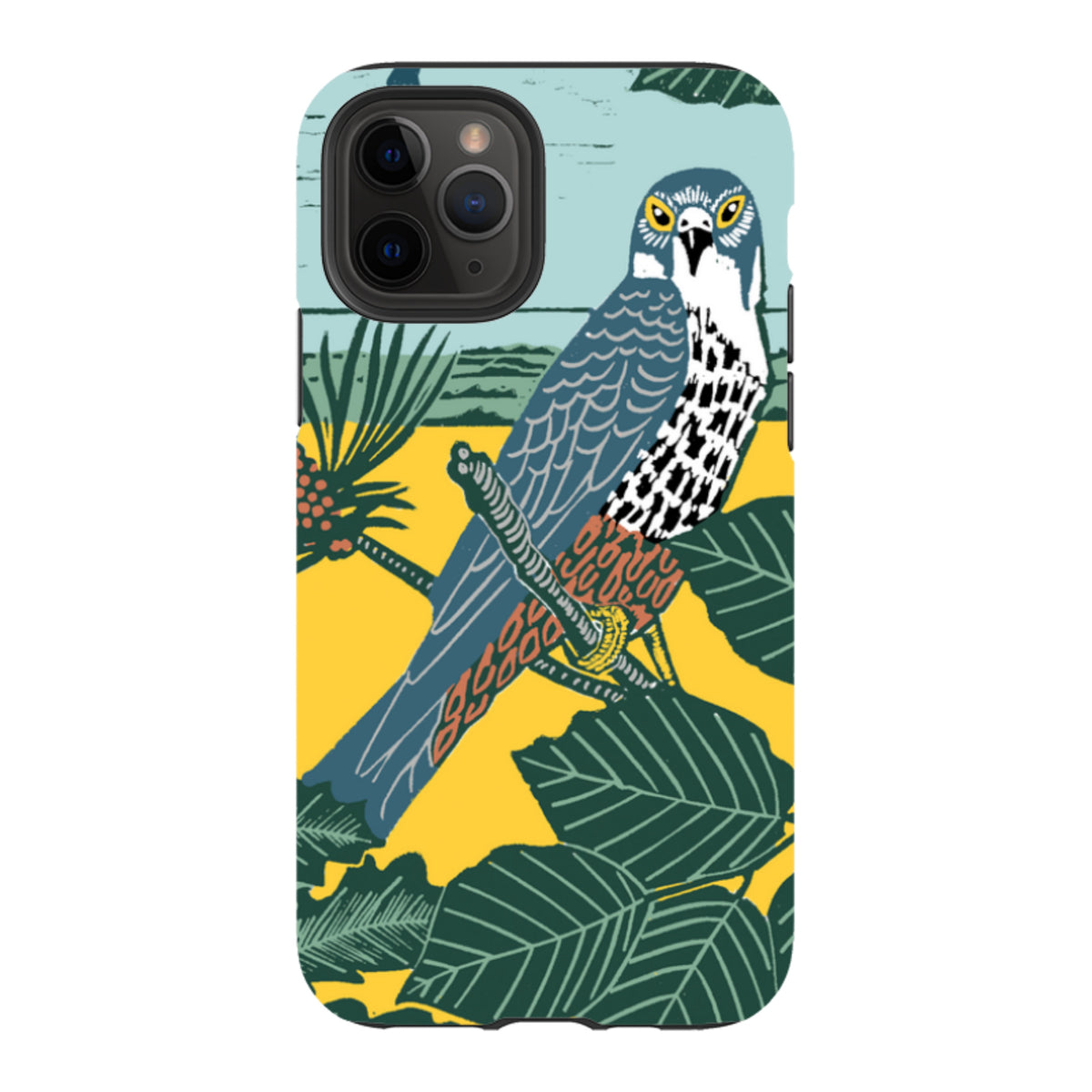 Dual-layer iPhone tough case featuring a colorful Kate Heiss falcon illustration on a yellow and blue background.
