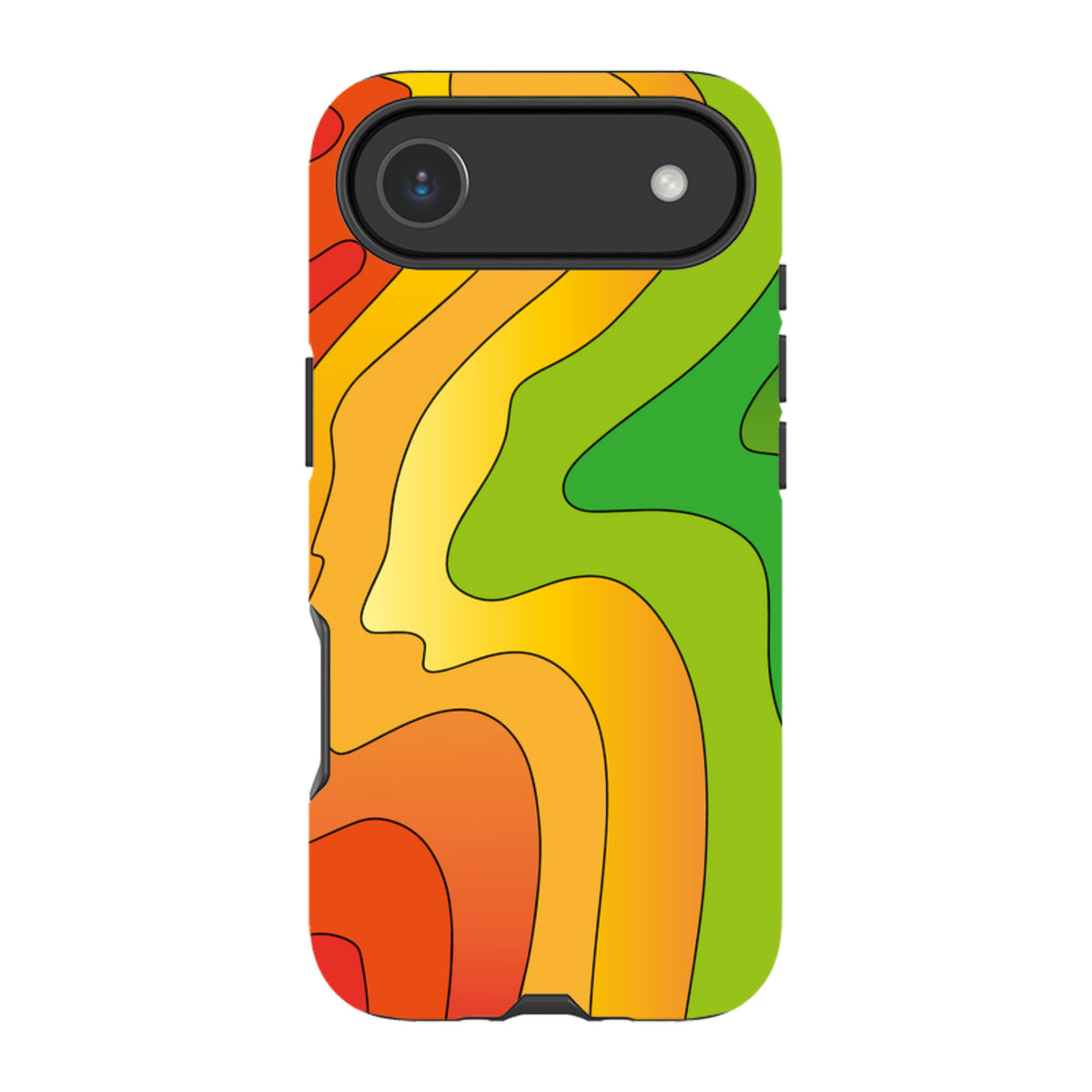 iPhone tough case with a vibrant, wavy topographic pattern in shades of red, orange, yellow, and green.