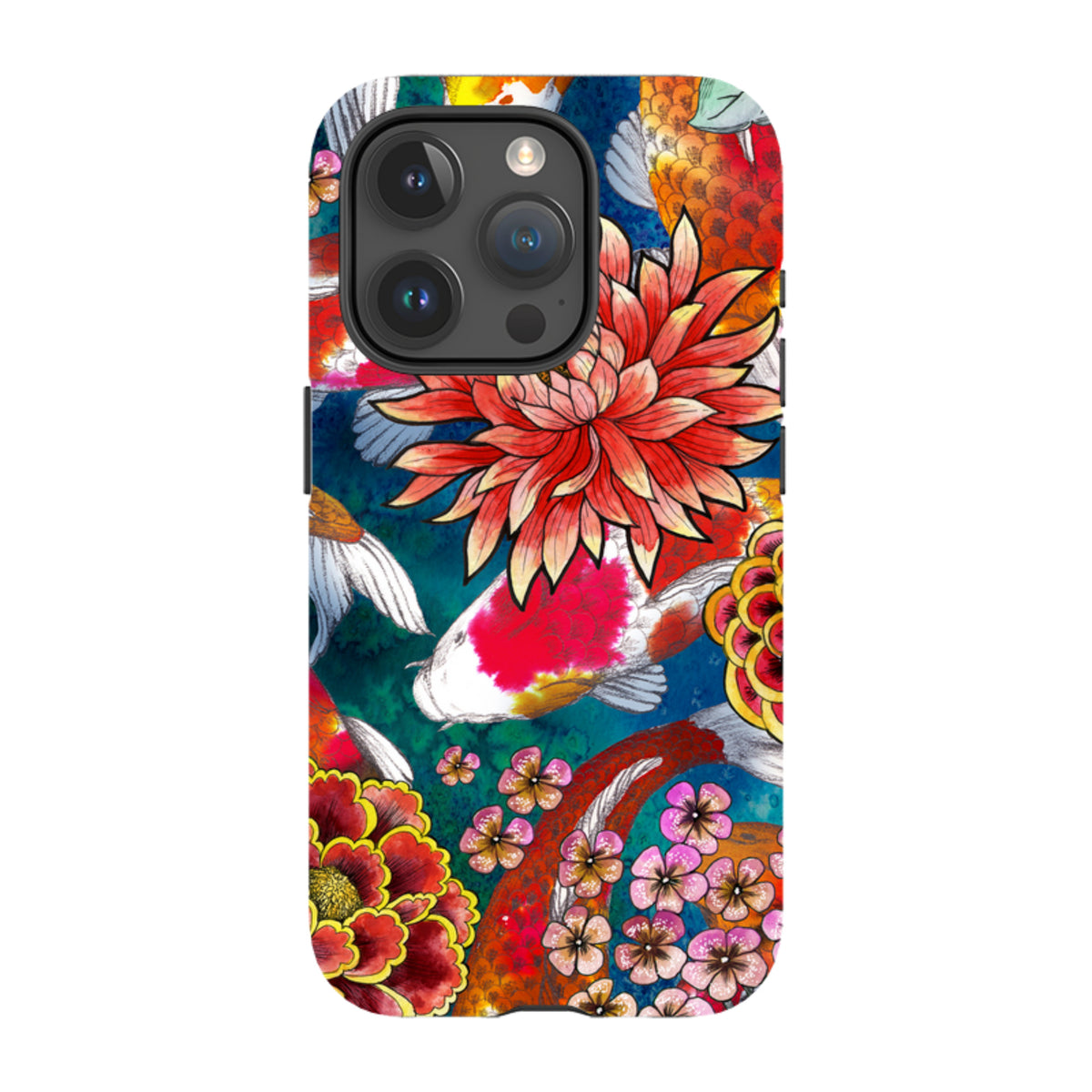 iPhone tough case featuring vibrant koi fish and floral artwork on a deep blue background with dual-layer protection.
