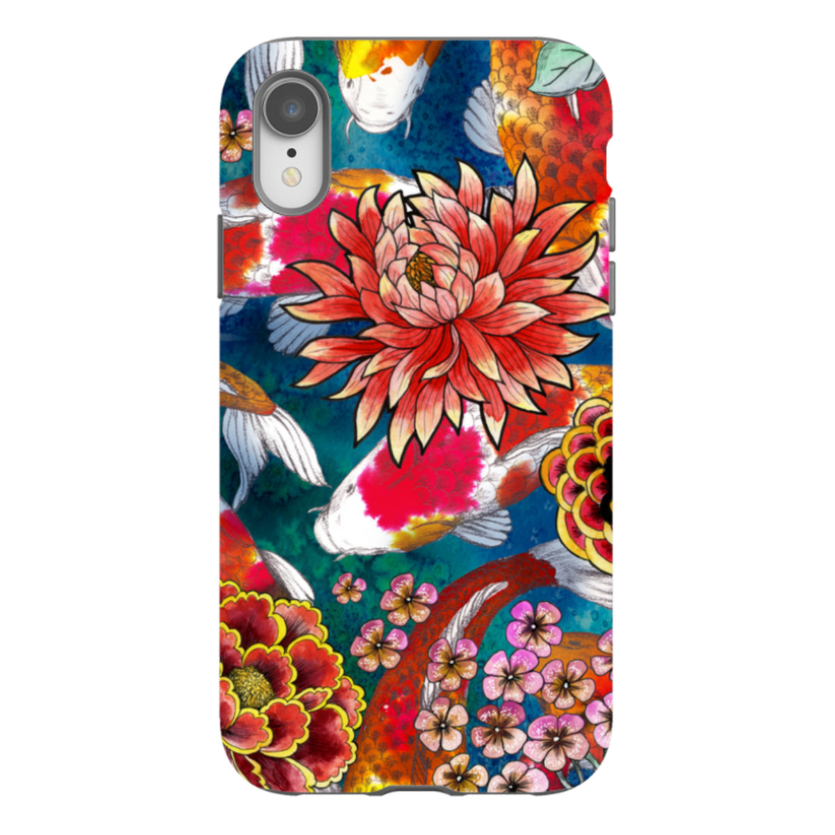 iPhone Tough Case featuring vibrant koi fish and floral artwork on a deep blue background with dual-layer protection.
