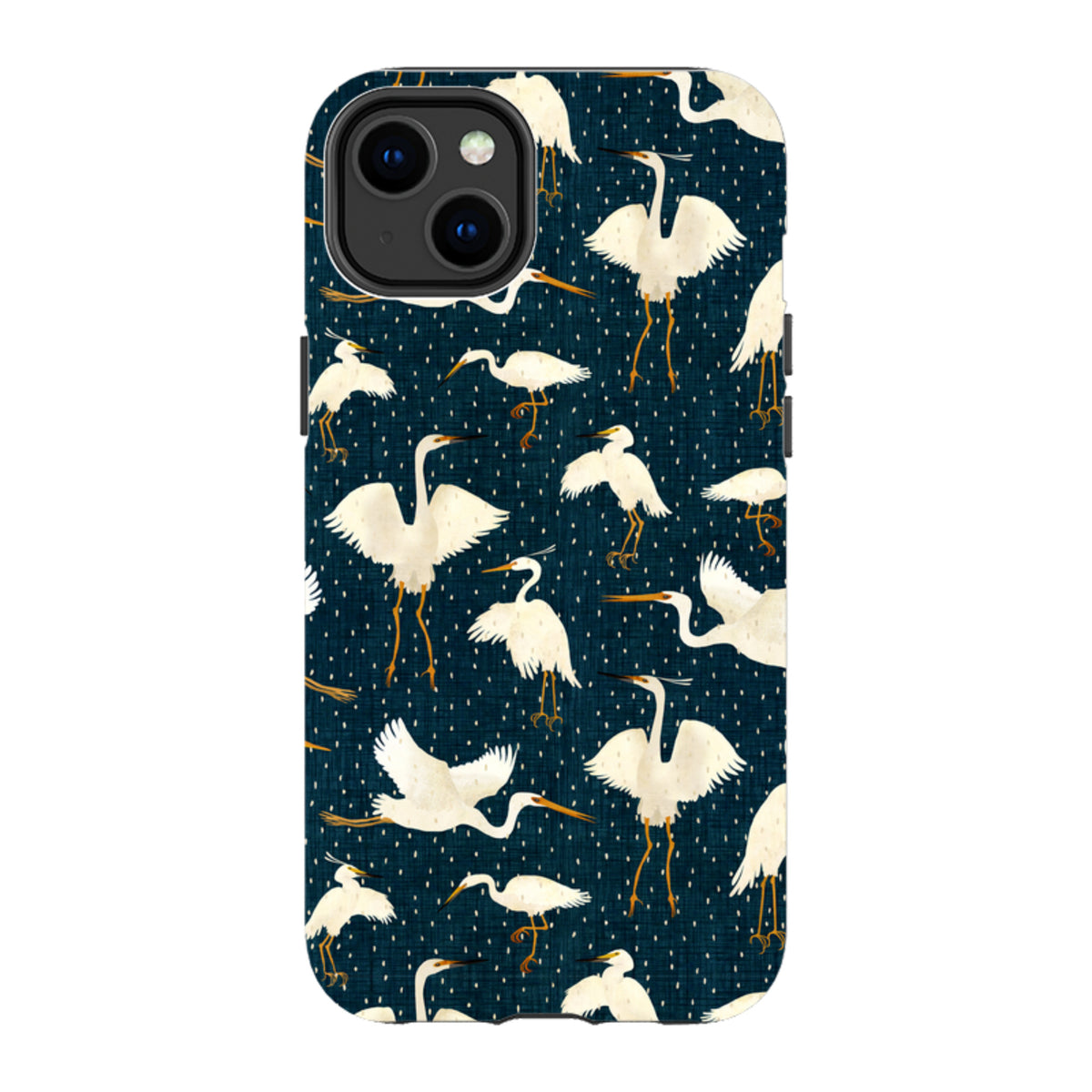 iPhone tough case featuring a white kotuku bird pattern on a textured dark blue background by Katherine Quinn.