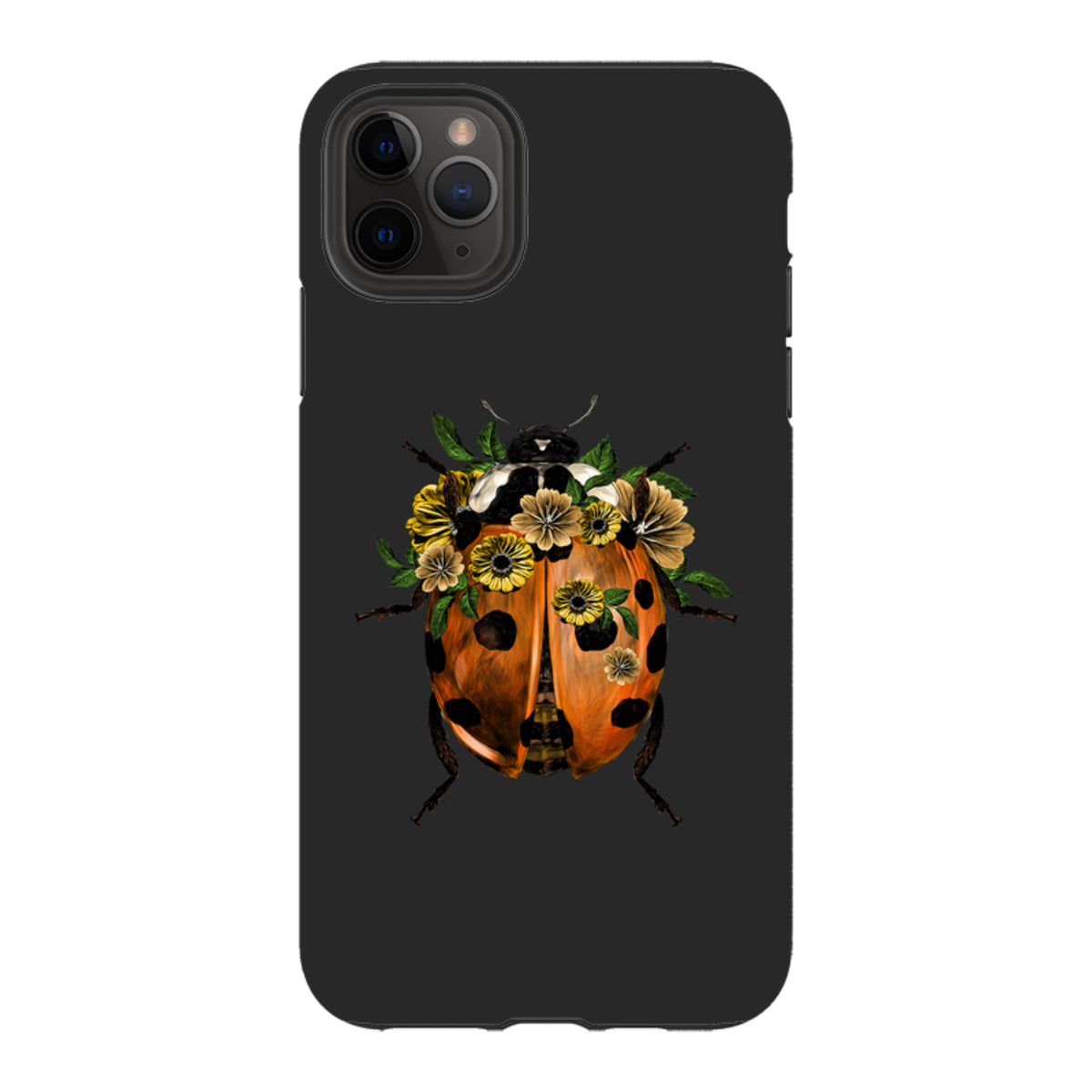 Black iPhone tough case featuring a detailed ladybug adorned with yellow flowers on a dark background.
