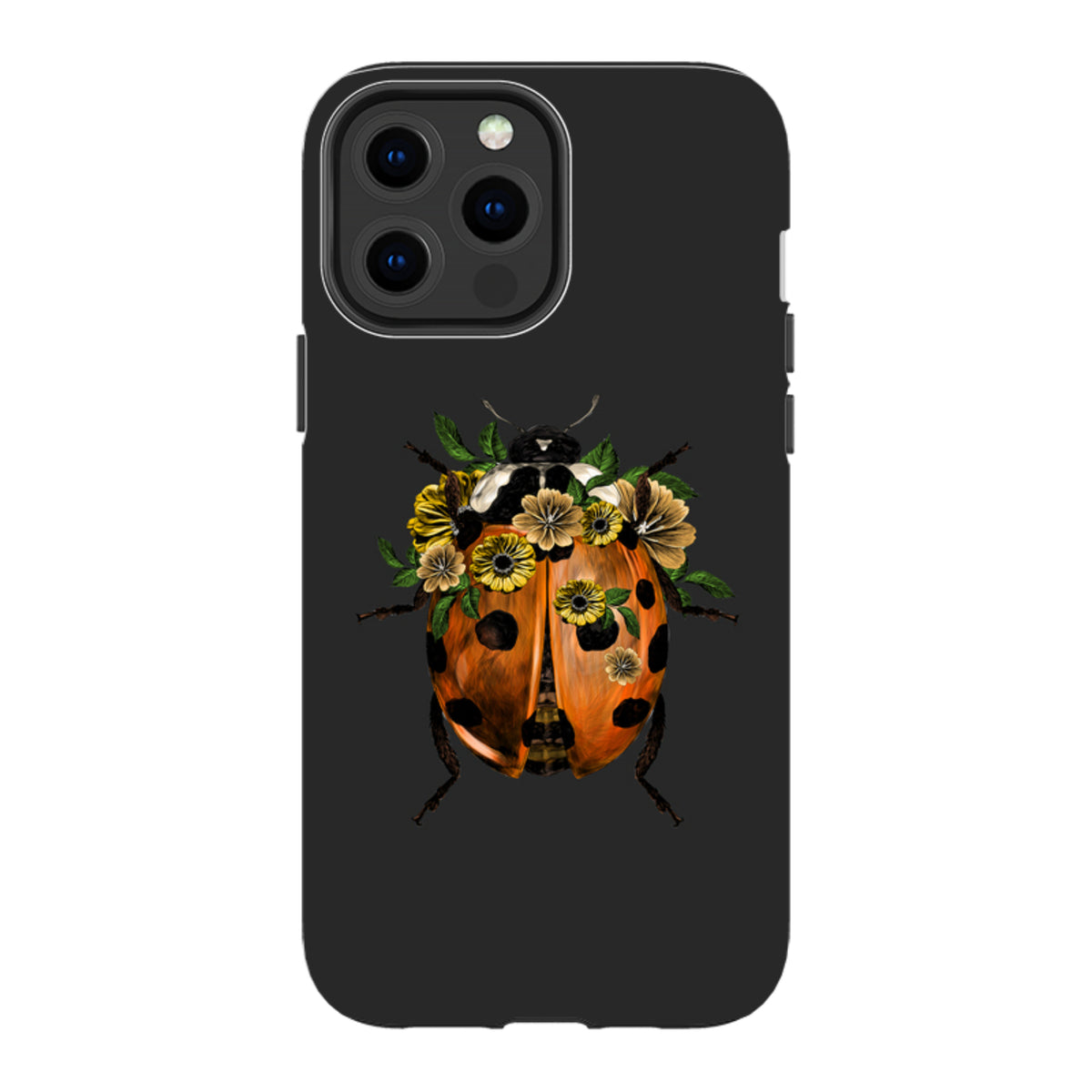 Black iPhone tough case featuring a ladybug with yellow floral accents and dual-layer protective design.