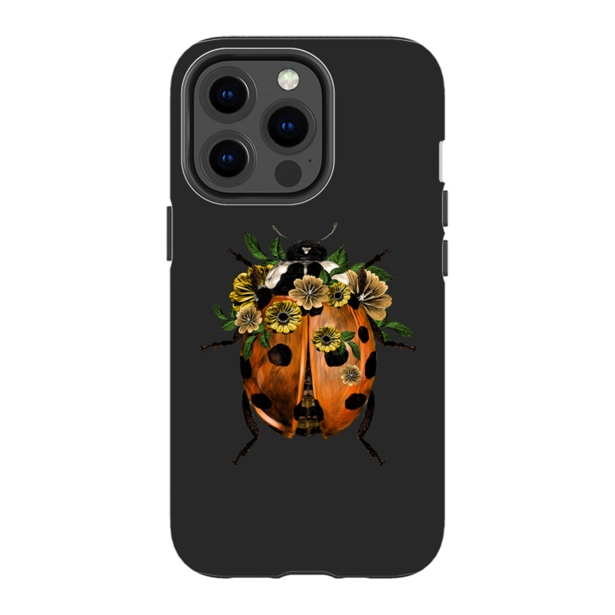 Black iPhone tough case featuring a ladybug with a floral crown design on a durable dual-layer protective shell.
