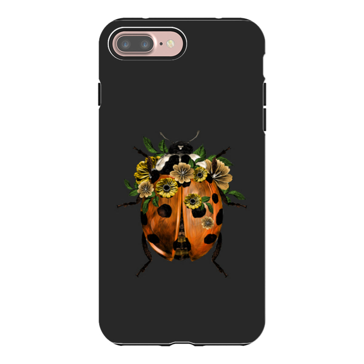 Black iPhone tough case featuring a ladybug with yellow flowers on its back in a high-definition, dual-layer design.