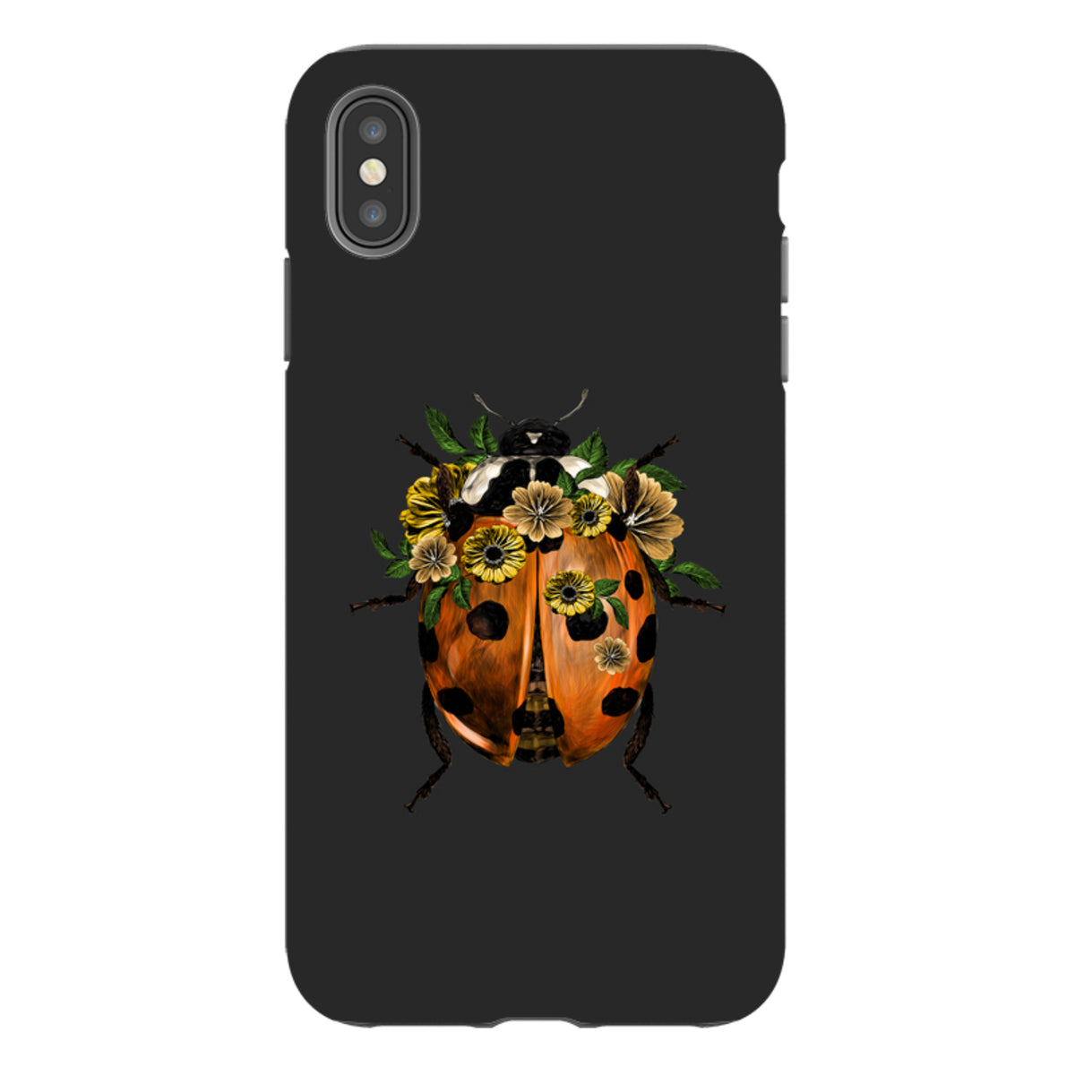 Black iPhone tough case featuring a detailed orange ladybug adorned with yellow flowers on a dark background.