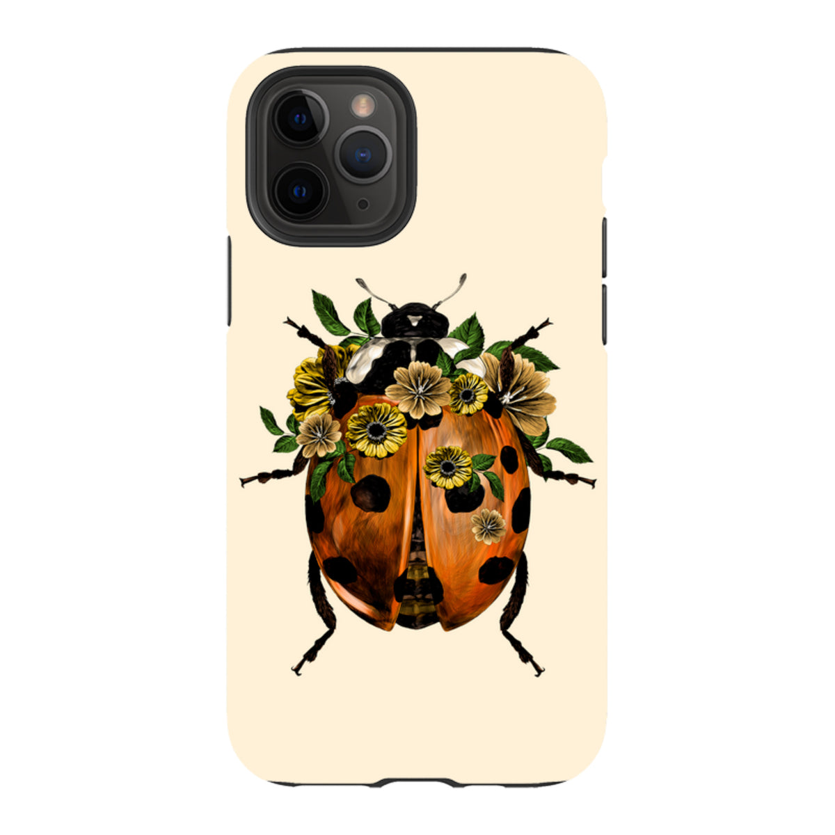 iPhone tough case with a ladybug and floral illustration on a cream background, featuring dual-layer protective design.