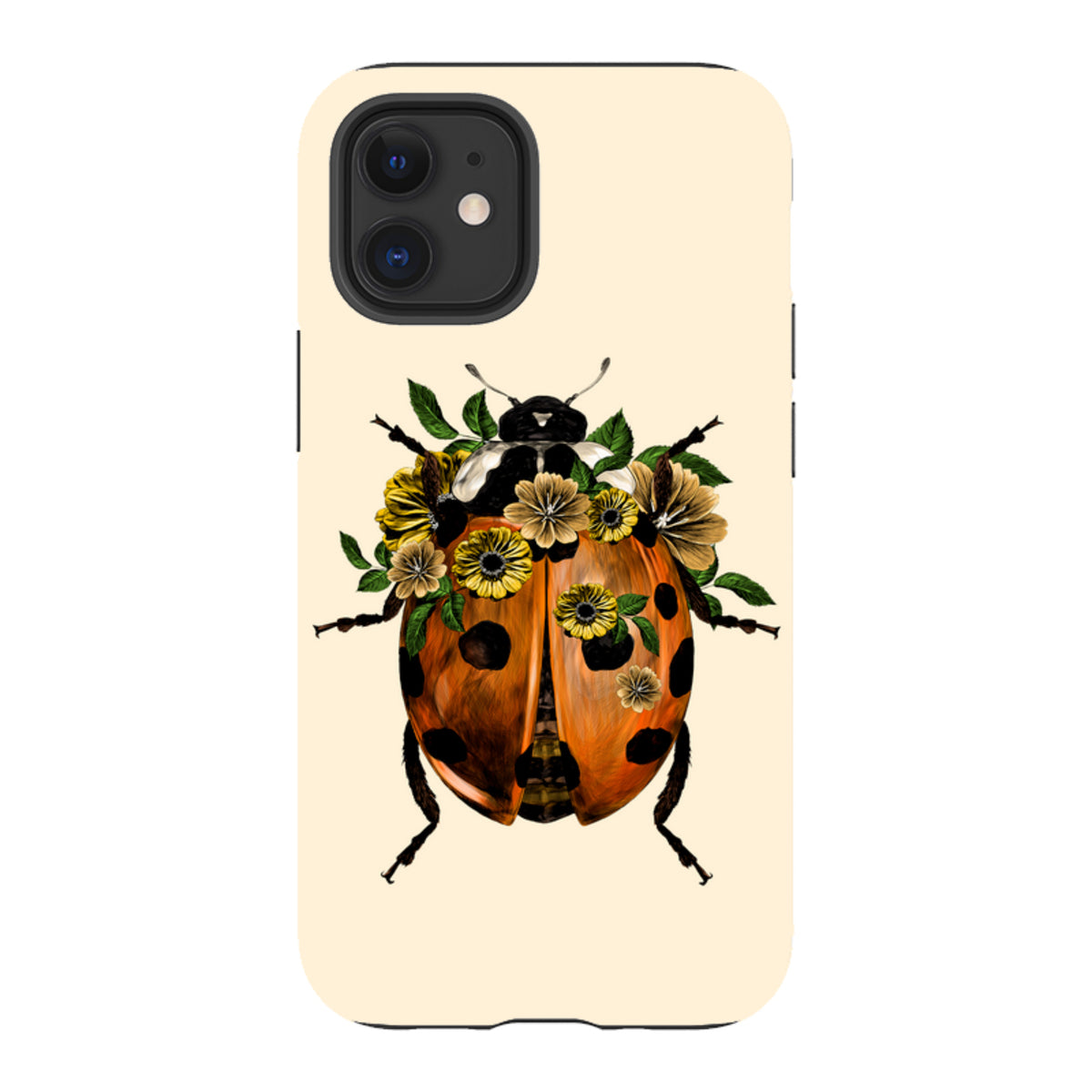 iPhone tough case with a cream background featuring a ladybug adorned with yellow flowers and green leaves.
