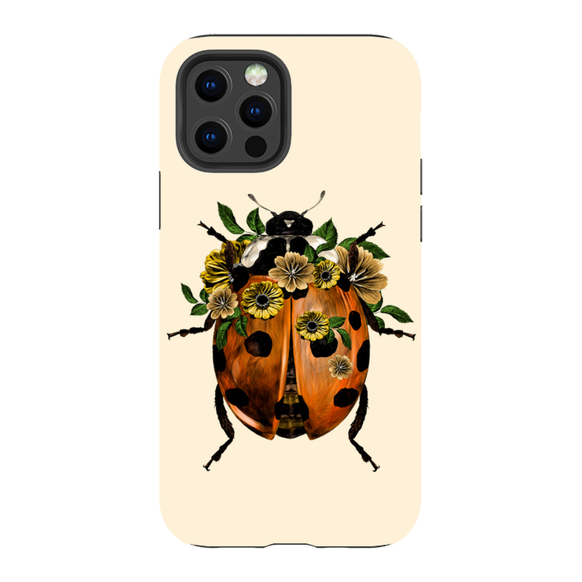 iPhone tough case featuring a ladybug with yellow flowers on a cream background, dual-layer design with camera cutouts.