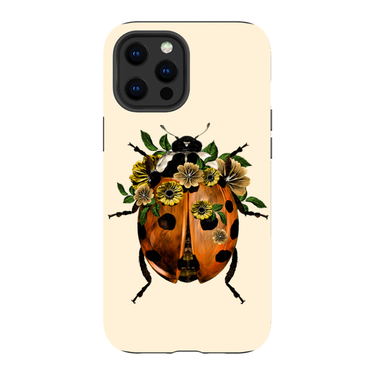iPhone tough case in cream featuring a detailed ladybug illustration adorned with yellow flowers and green leaves.