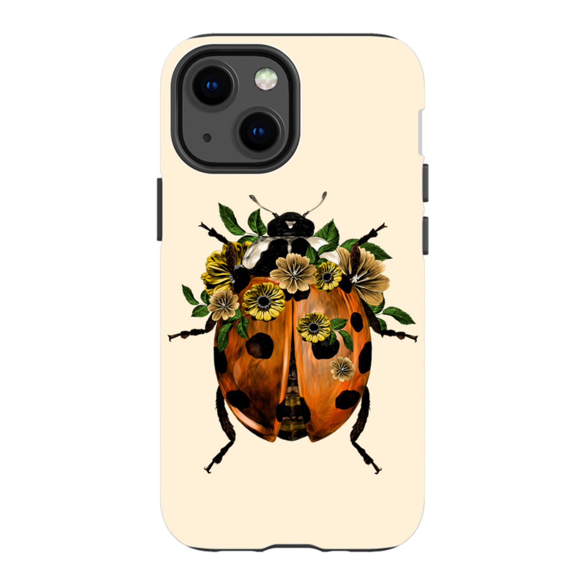iPhone tough case featuring a ladybug adorned with yellow flowers on a cream background, offering dual-layer protection.